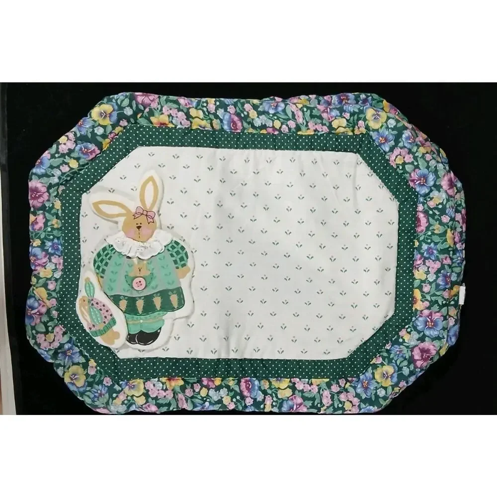 Vintage Rabbit Spirting Placemats with Utensil Pocket Set 4 Pansies Eyelet Lace